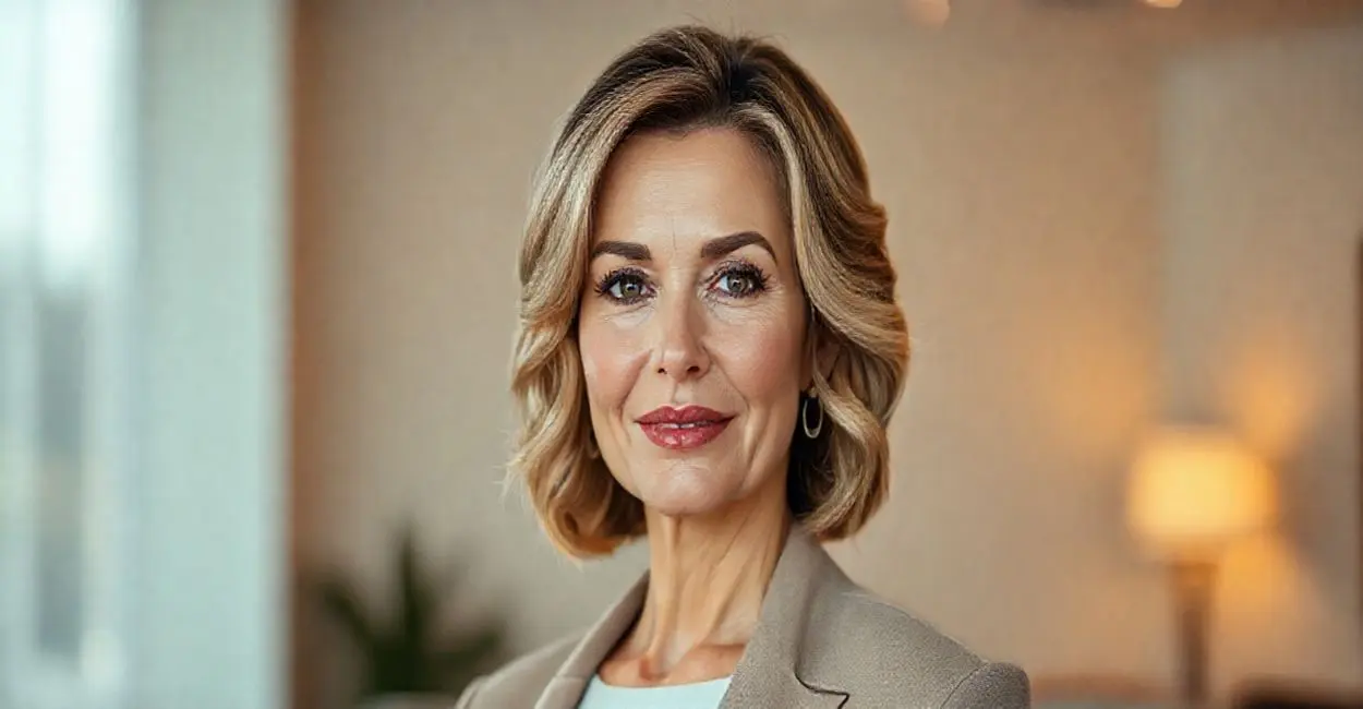 Mulher madura com corte de cabelo estiloso.